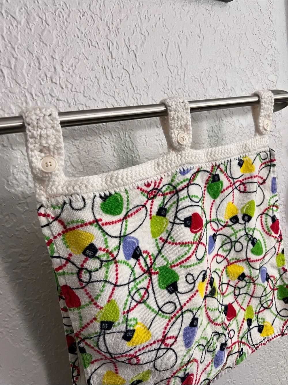 Christmas Lights Hanging Kitchen Towel Holiday Decor Button Loops